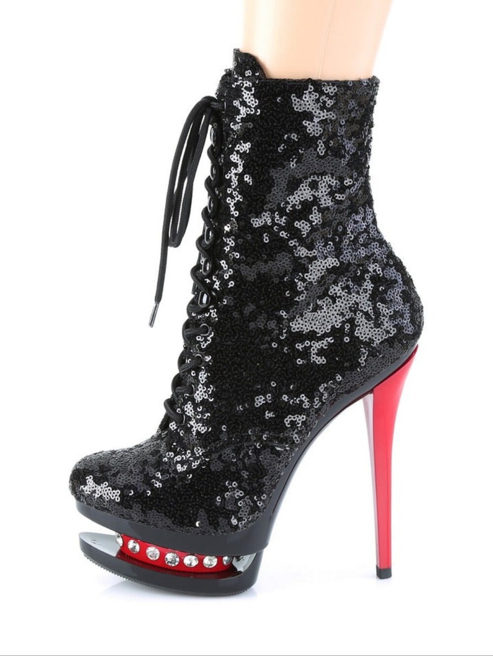Pleaser Black Sequin Lace-Up Platform Ankle Boots with Red Stiletto Heel